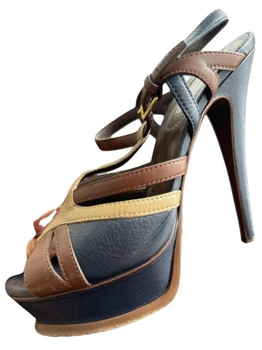 Genuine Saint Laurent Brown, Tan and Navy Blue Strappy Leather Heels